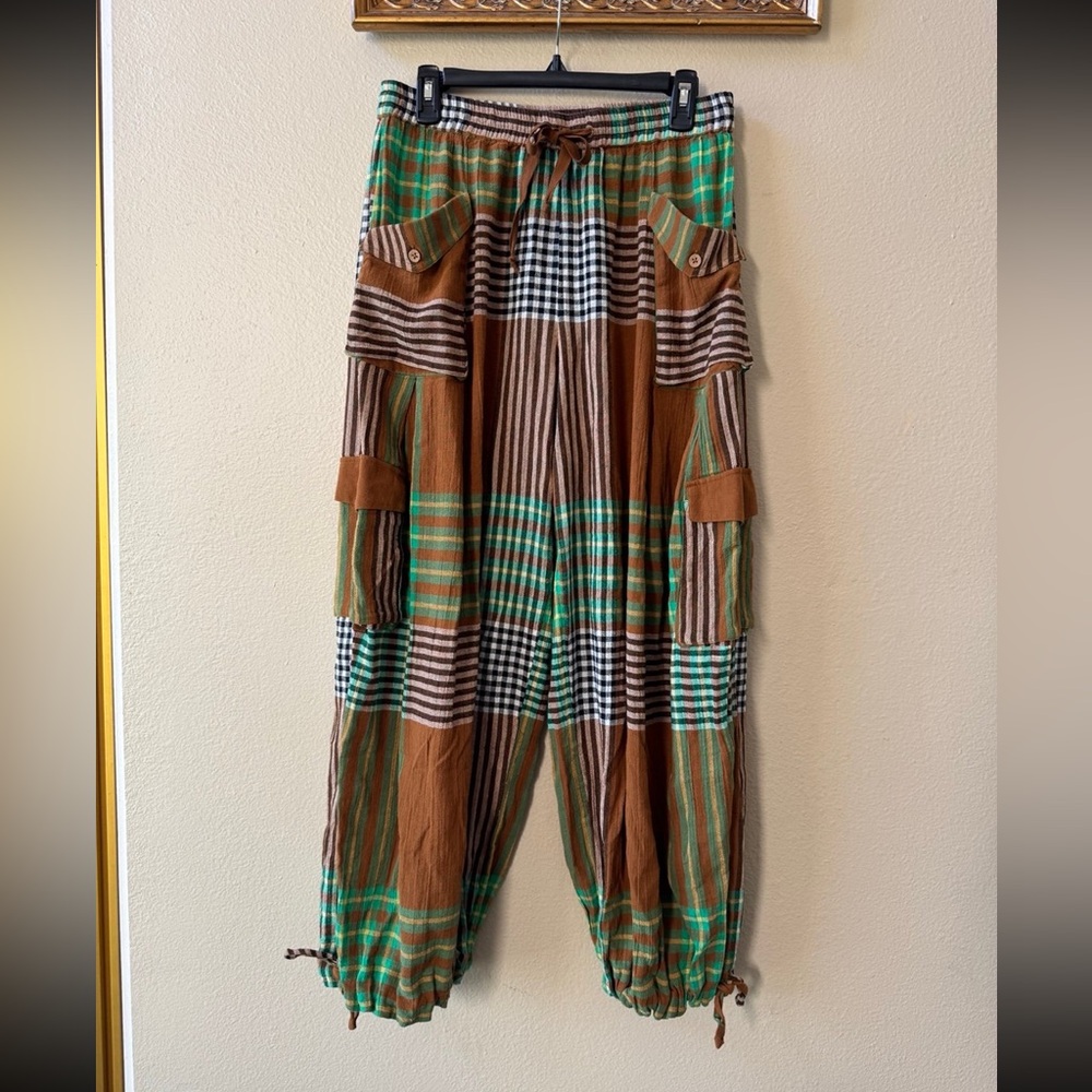 Free People Crafted Cargo Cotton Pants, Original Combo Plaid Green size S